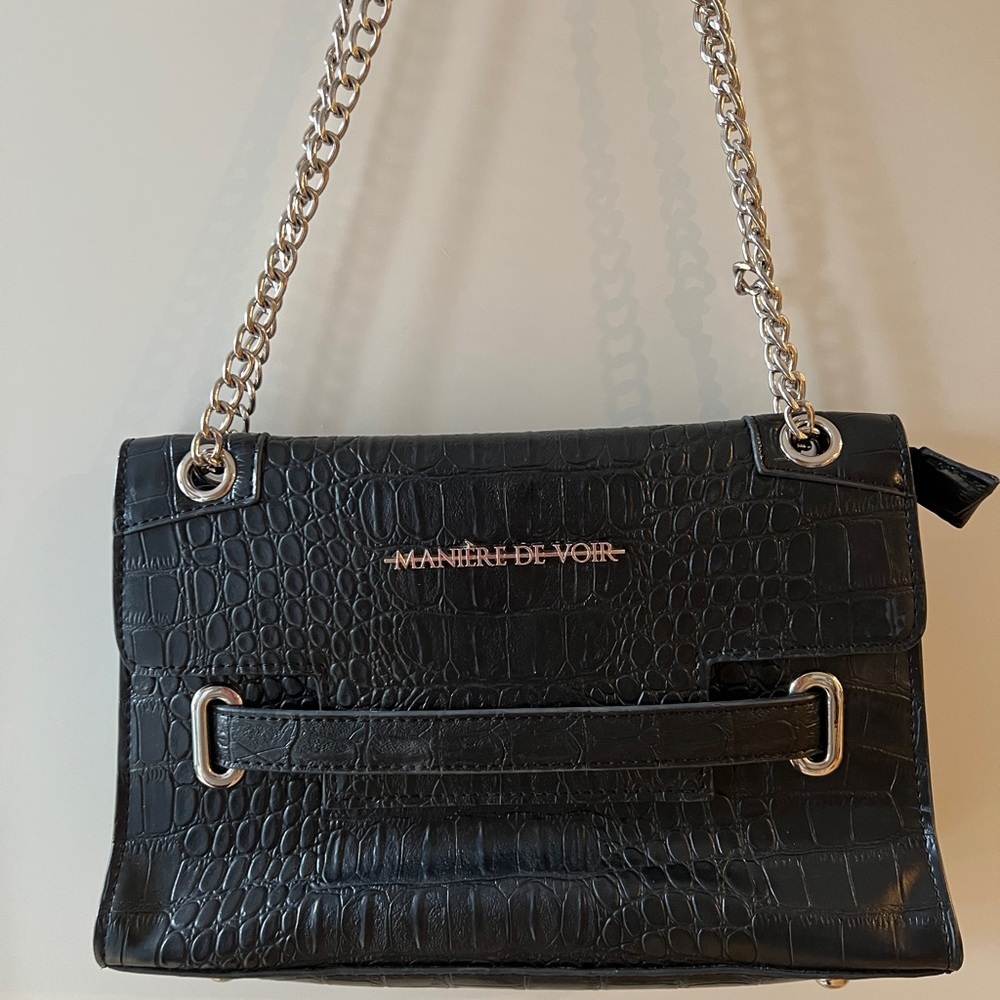 Maniere De Voir Black Croc-Embossed Shoulder Bag Elegant Women - Picture 3 of 6